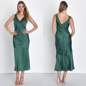 Lulus Exceptional Ideal Emerald Green Satin Jacquard Midi Dress Wedding Party